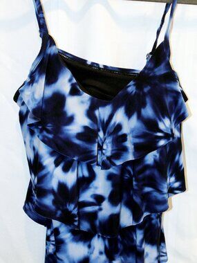 Blue Black Tie Dye Ruffle Tankini Swim Top Padded Adjustable Straps